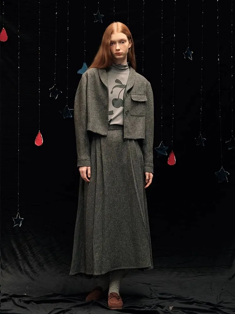 Tweed short jacket long pleated skirt suit【s0000005940】