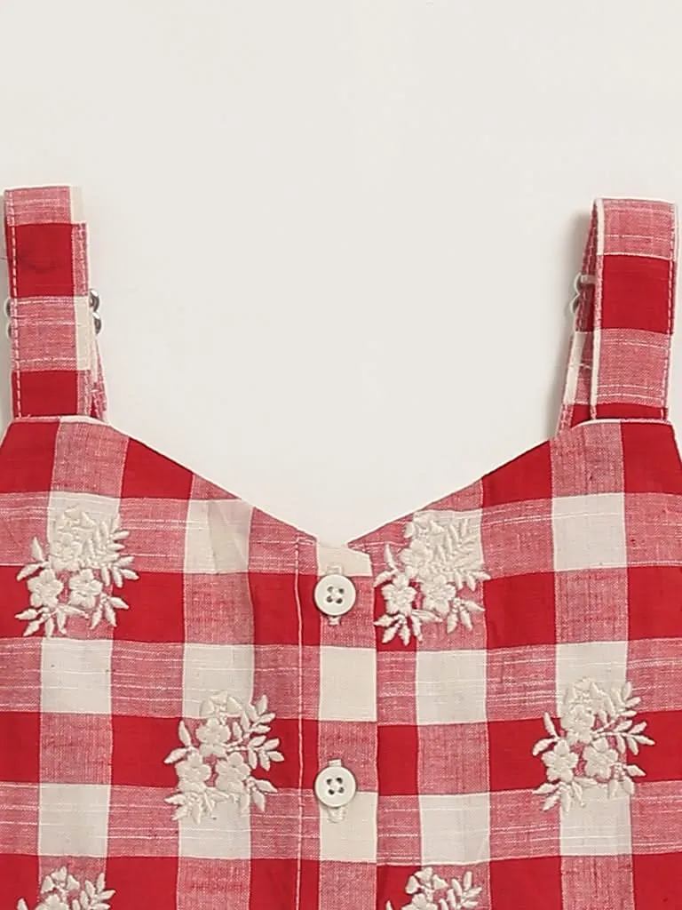 Utsa Kids Red & White Checked Embroidered Top (2 - 8yrs)