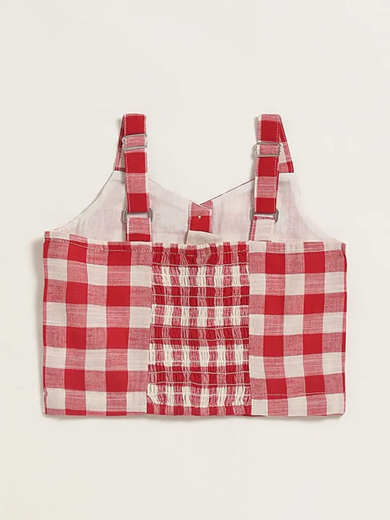 Utsa Kids Red & White Checked Embroidered Top (2 - 8yrs)