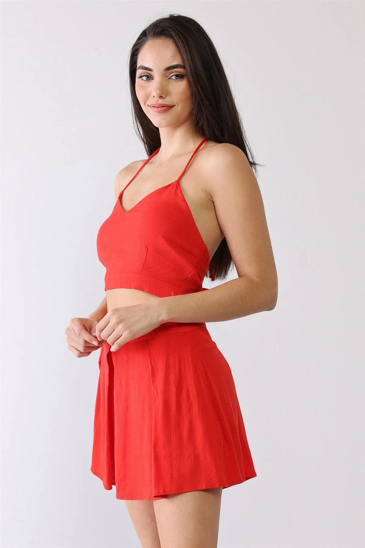 V-Neck Sleeveless Self-Tie Crop Top & High Waist Pleated Shorts Set