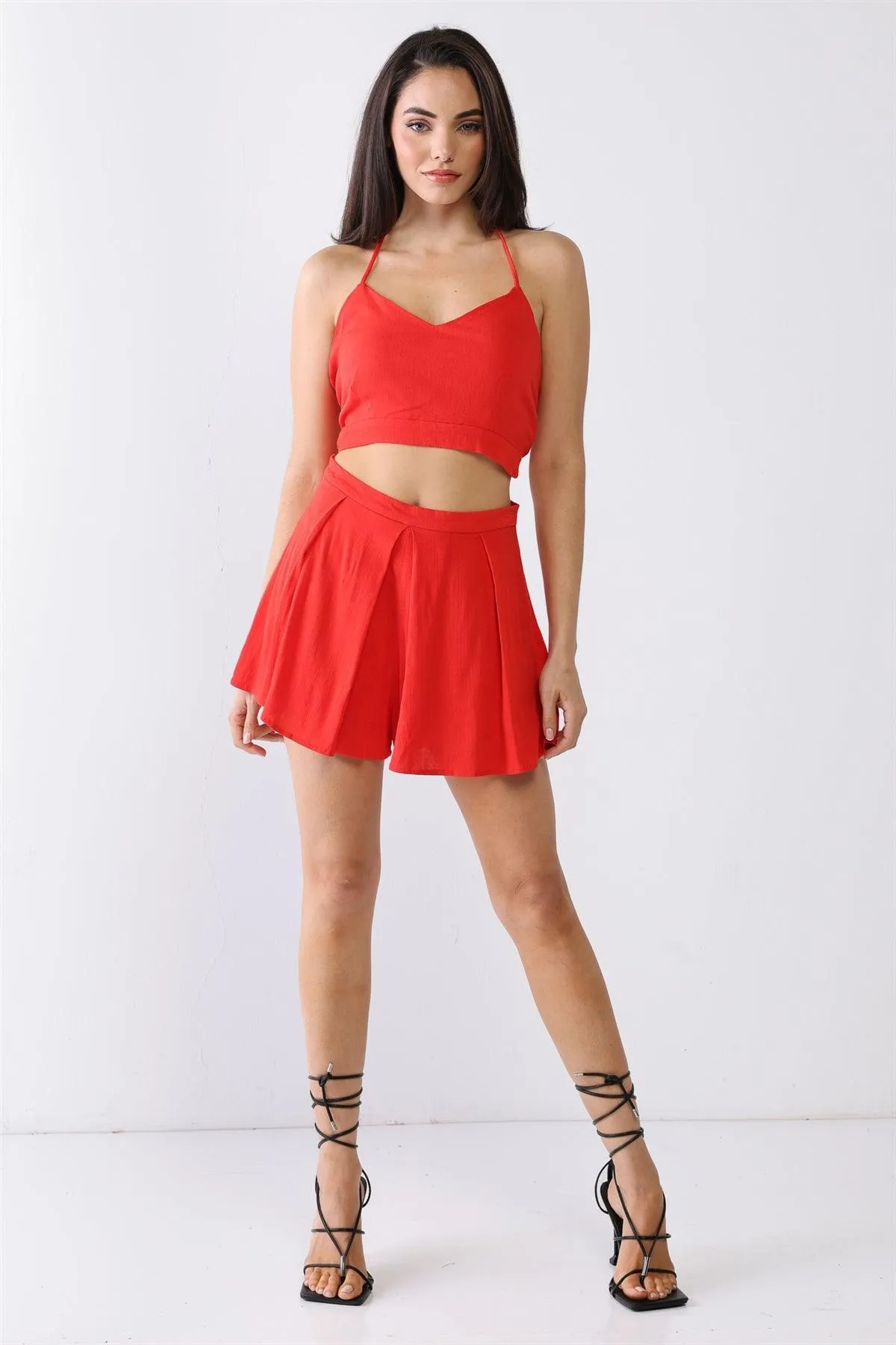 V-Neck Sleeveless Self-Tie Crop Top & High Waist Pleated Shorts Set