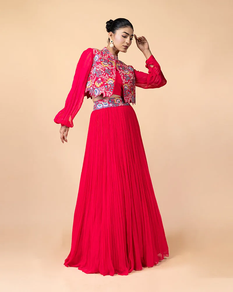 Vibrant Cherry Red Skirt with Hand-Embroidered Cropped Floral Jacket