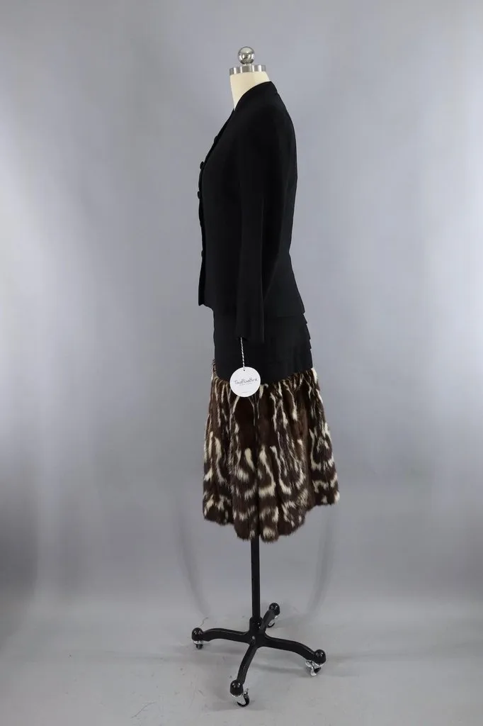 Vintage 1940s Hattie Carnegie Black Dress with Fur Trim and Jacket