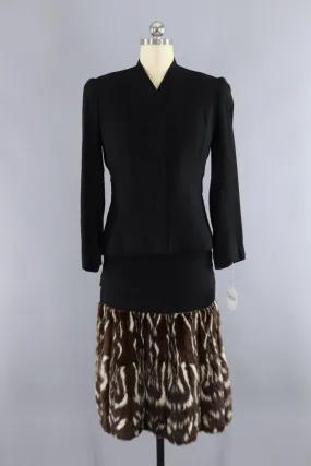 Vintage 1940s Hattie Carnegie Black Dress with Fur Trim and Jacket