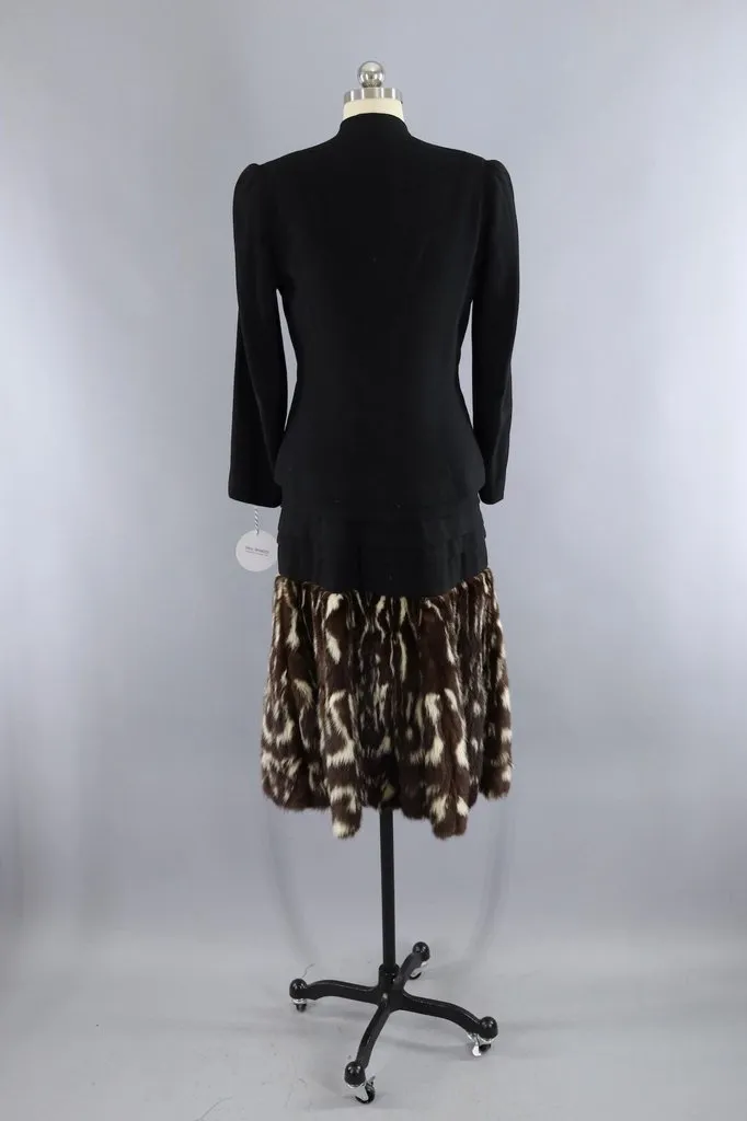 Vintage 1940s Hattie Carnegie Black Dress with Fur Trim and Jacket