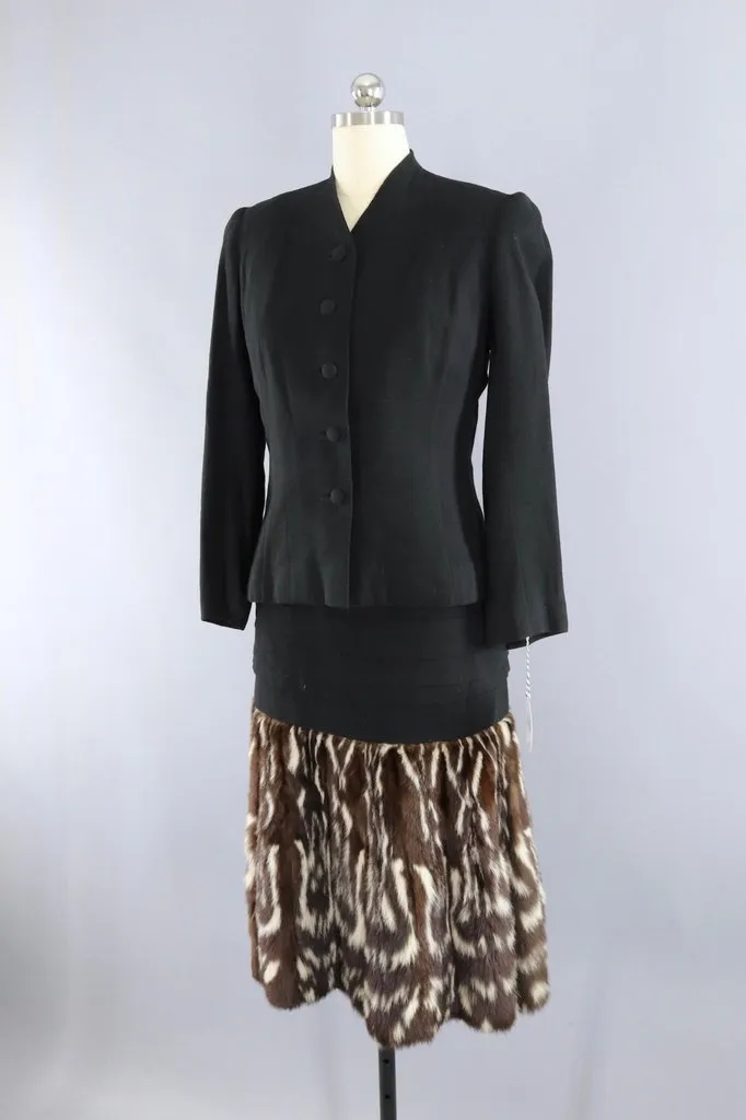 Vintage 1940s Hattie Carnegie Black Dress with Fur Trim and Jacket
