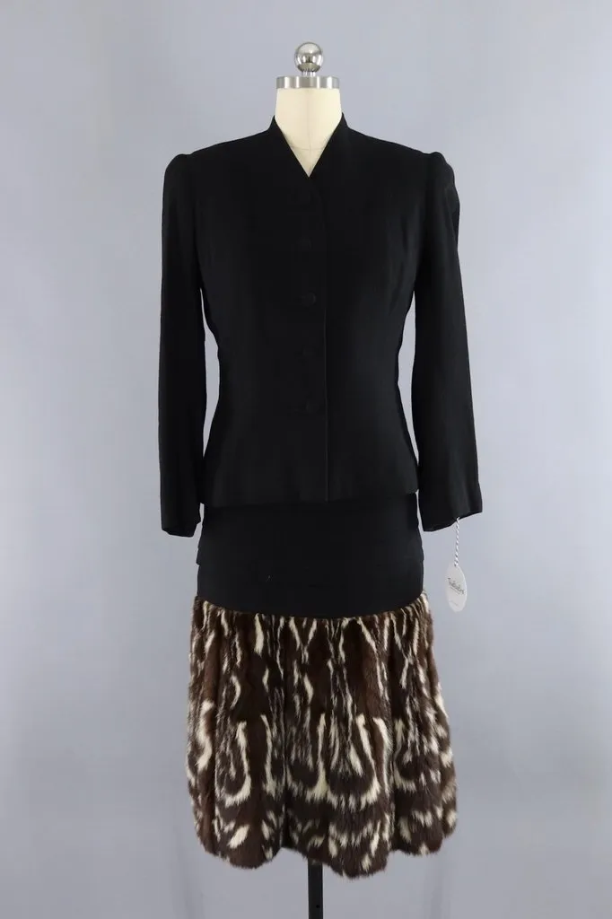 Vintage 1940s Hattie Carnegie Black Dress with Fur Trim and Jacket
