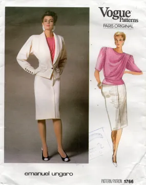 Vogue Paris Original 1766 EMANUEL UNGARO Womens Puff Sleeved Blouse & Skirt Suit 1980s Vintage Sewing Pattern Size 10 UNCUT Factory Folded