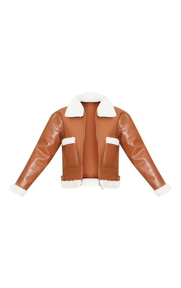 Women Camel Faux Fur Trim Faux Leather Aviator Jacket By TJS