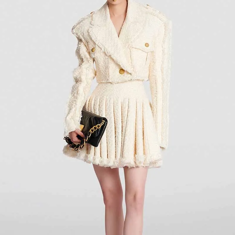 Women Golden Buttons Cream Tweed Tassel Crop Jacket   Pleated Skirt Suit, Office Suit, Wedding Suit