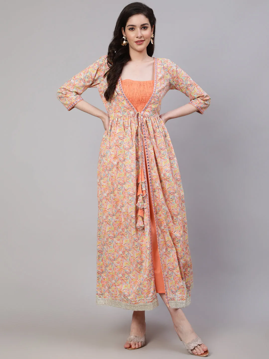 Women Peach Striped Flared Dress With Embroidered Jacket