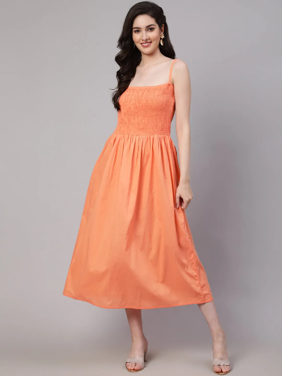 Women Peach Striped Flared Dress With Embroidered Jacket