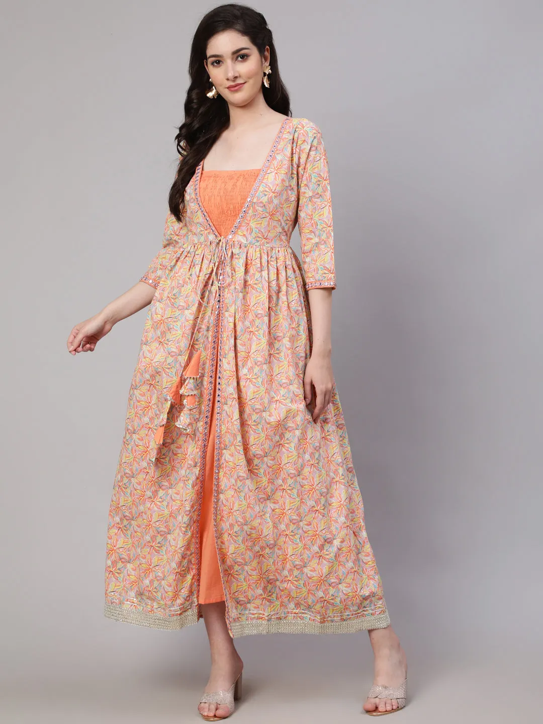 Women Peach Striped Flared Dress With Embroidered Jacket
