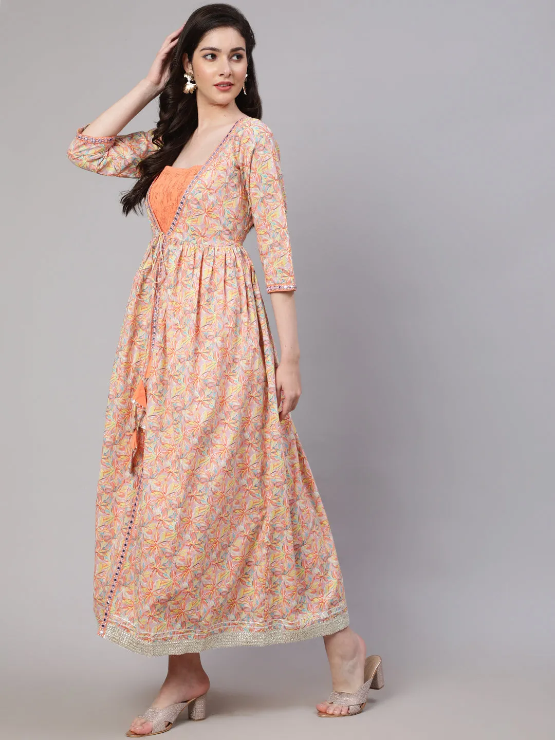 Women Peach Striped Flared Dress With Embroidered Jacket