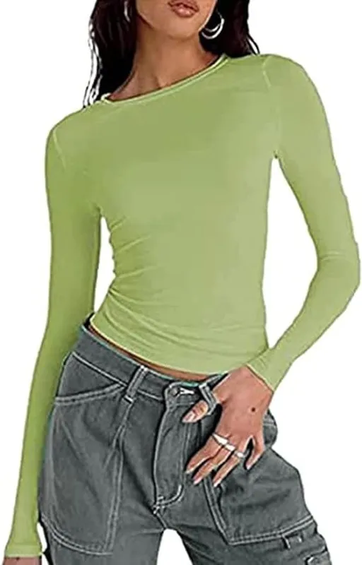 Womens Long Sleeve Scoop Neck Lace Trim Slim Fitted Casual Tee Tops | Slim Basic T-Shirts Crop Tops for Women's | Lace Trim Top | Slim Fit Top | Casual Top | Layering Top