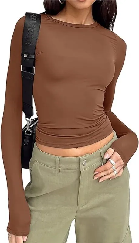 Womens Long Sleeve Scoop Neck Lace Trim Slim Fitted Casual Tee Tops | Slim Basic T-Shirts Crop Tops for Women's | Lace Trim Top | Slim Fit Top | Casual Top | Layering Top