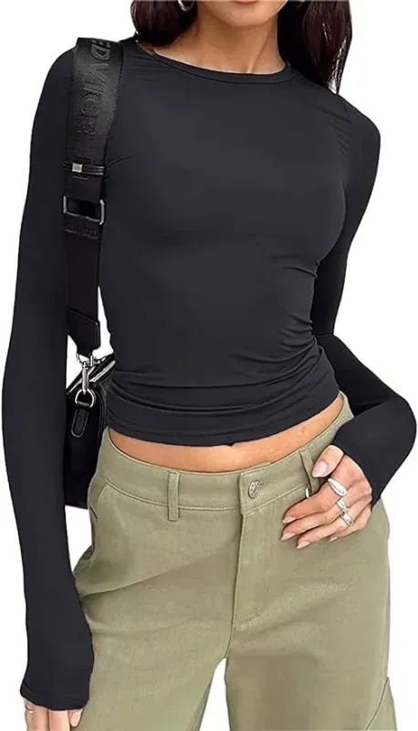 Womens Long Sleeve Scoop Neck Lace Trim Slim Fitted Casual Tee Tops | Slim Basic T-Shirts Crop Tops for Women's | Lace Trim Top | Slim Fit Top | Casual Top | Layering Top